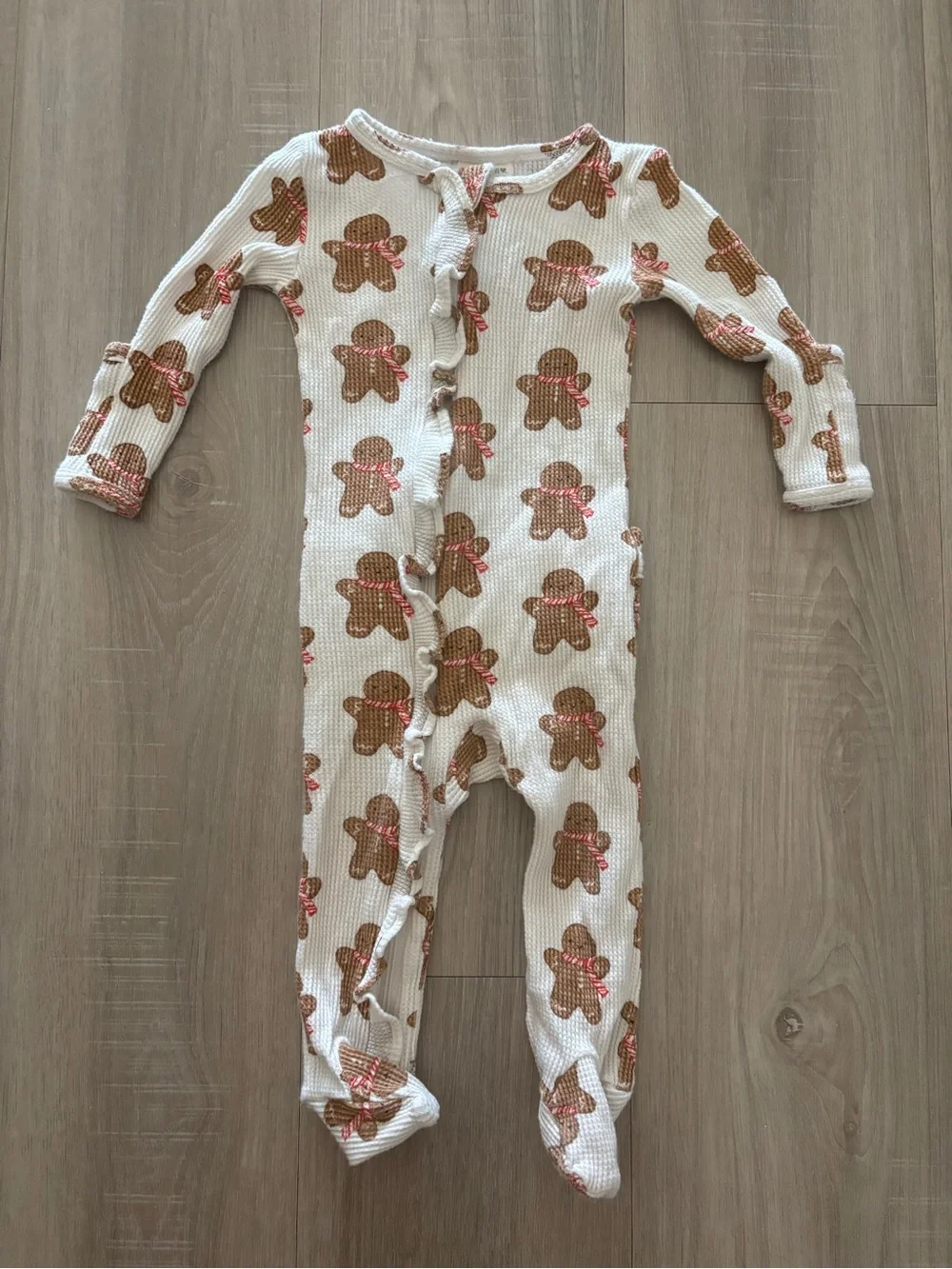 Spearmint Love Waffle Gingerbread Print Cream Kids One-Piece Footed Pajamas